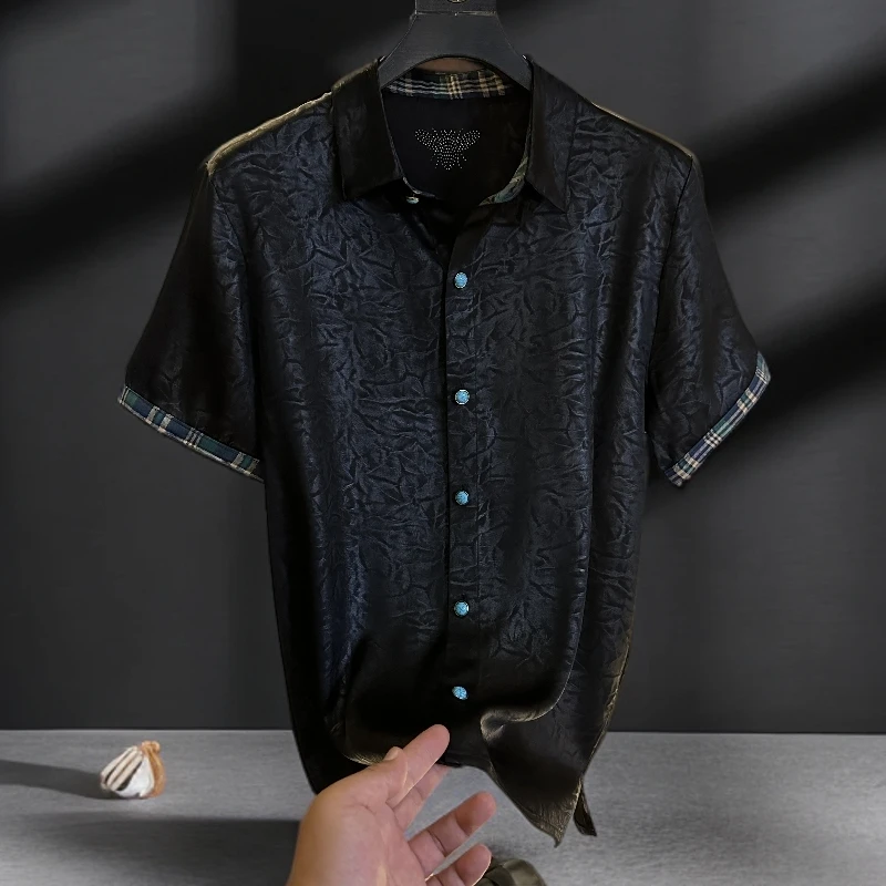 2025新款老前锋短袖衬衫黑色透气百搭纹理
