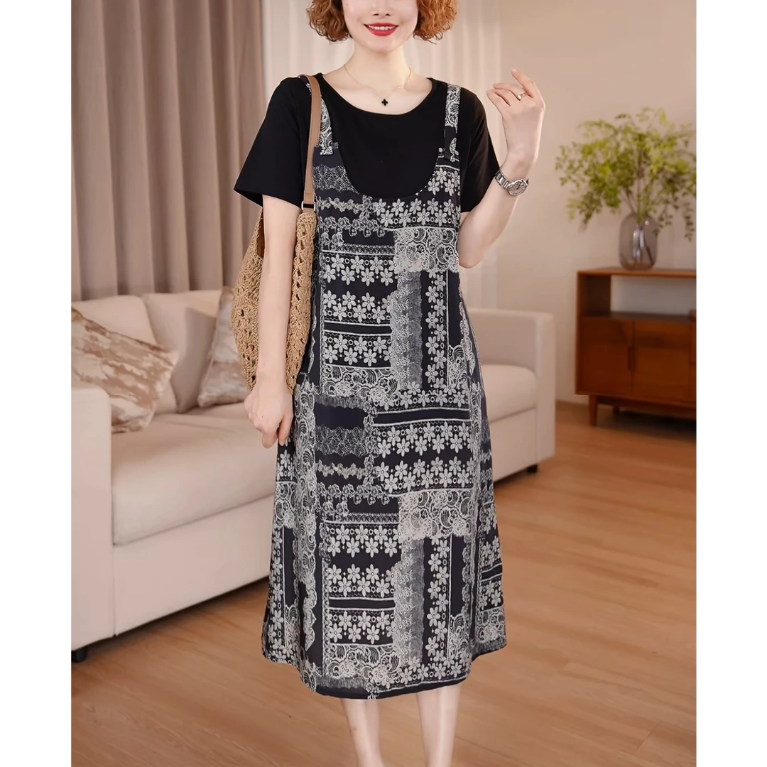 【今天发货】洋气显瘦连衣裙女夏季大码宽松假两件背带裙休闲裙子