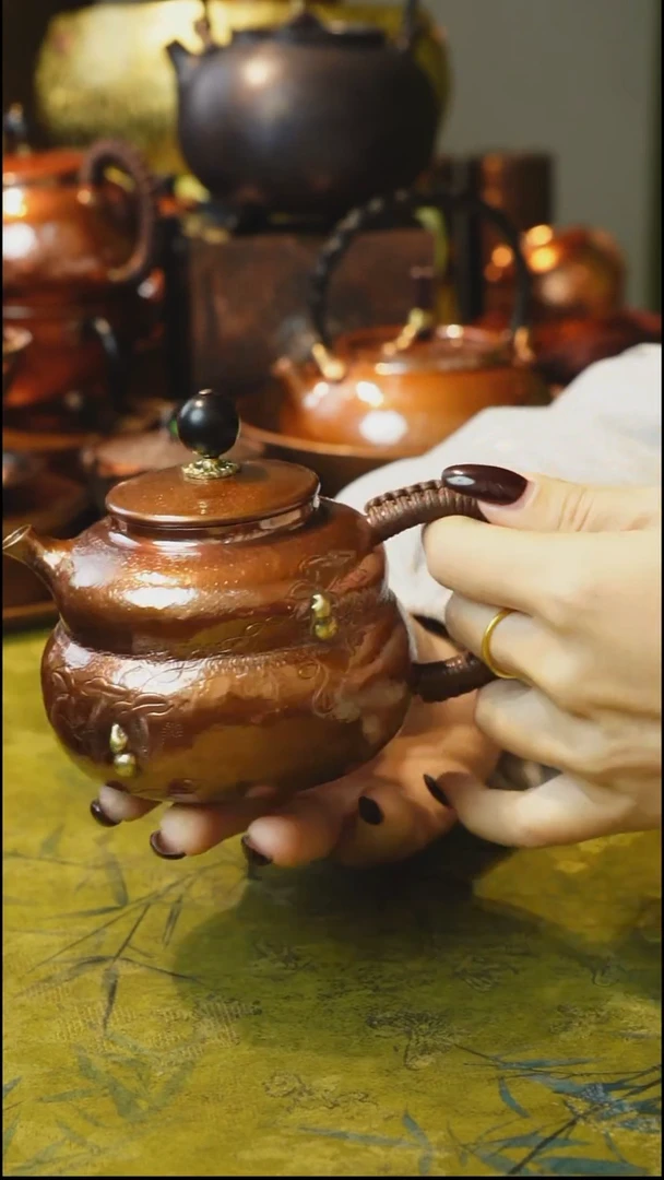 纯紫铜红色福禄泡茶壶