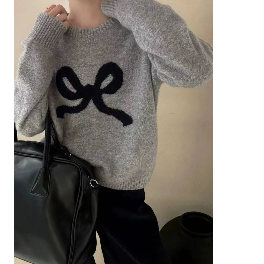 洋气毛衣套头女宽松百搭圆领慵懒风花纱针织衫外套气质上衣