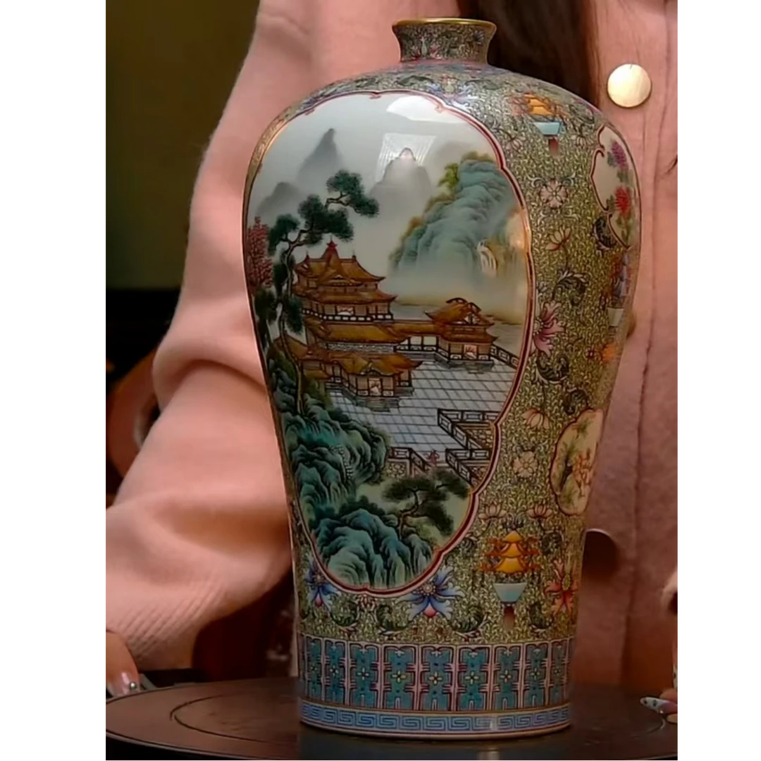 清雍正珐琅彩两面开窗山水梅瓶