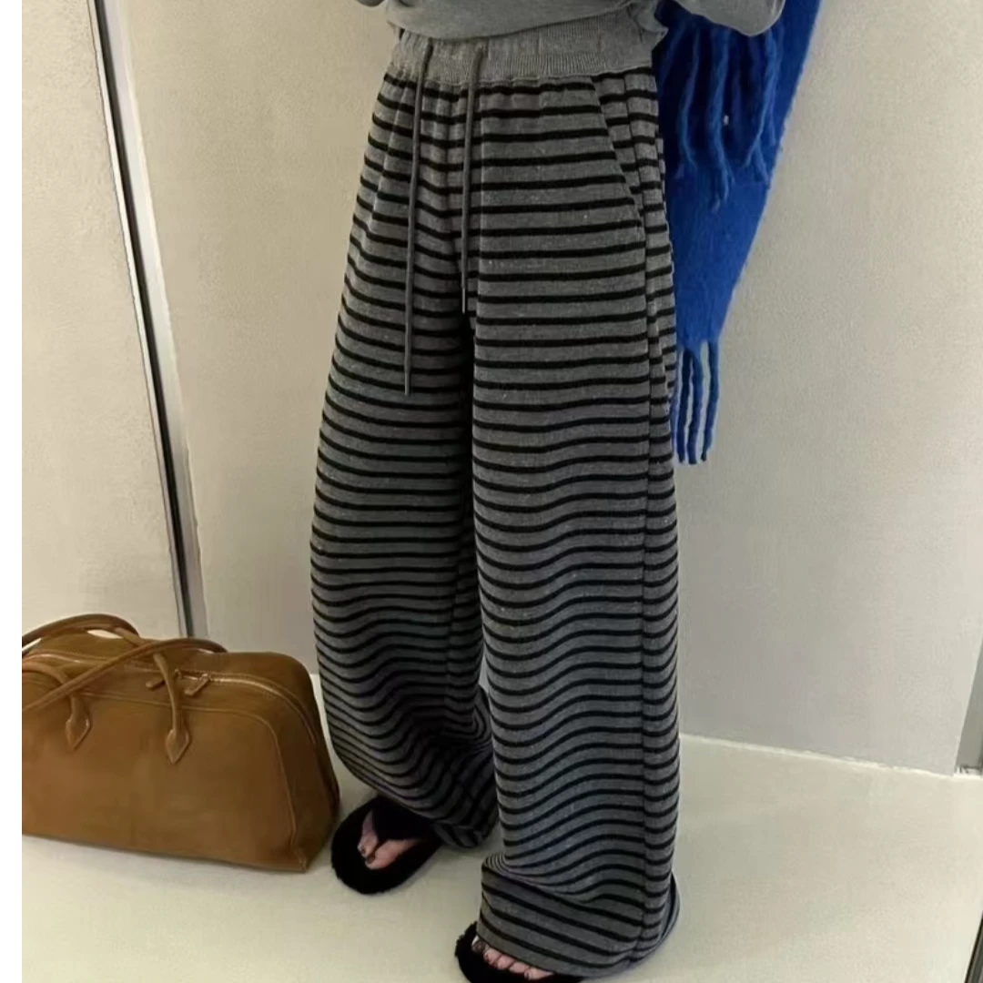 条纹阔腿裤女2025春季新款宽松慵懒感直筒休闲裤高腰垂感拖地长裤