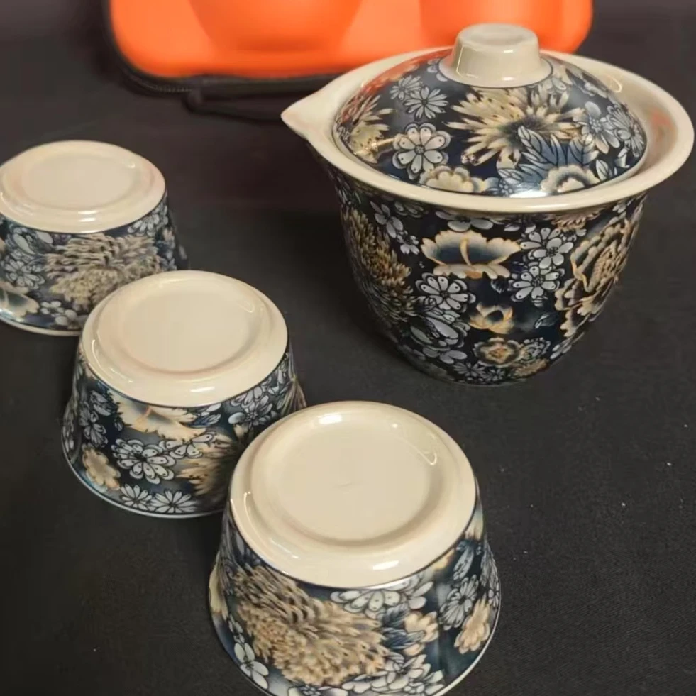 F630-百花旅行套一壶三杯手工主人杯龙纹珐琅彩缠枝描金鎏银对杯