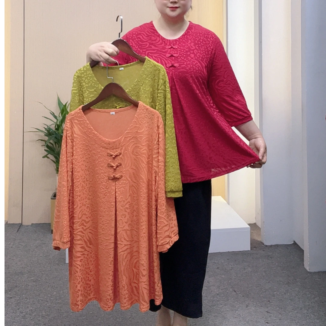 春夏新款圆领盘扣提花宽松显瘦百搭洋气中袖上衣小衫