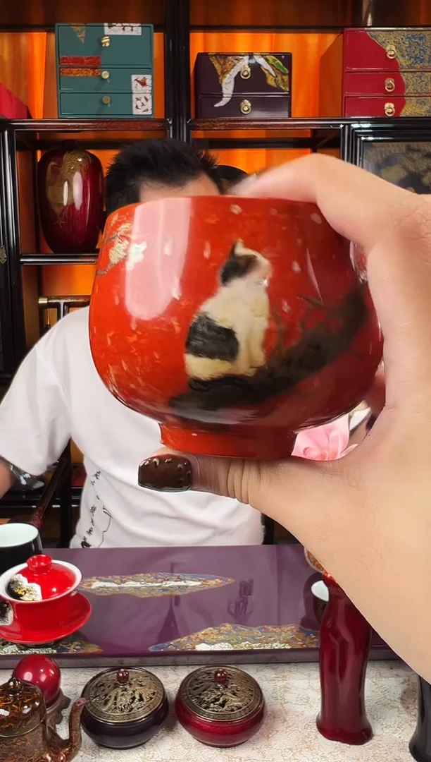 朱砂红手绘猫猫4主人杯-太古大漆