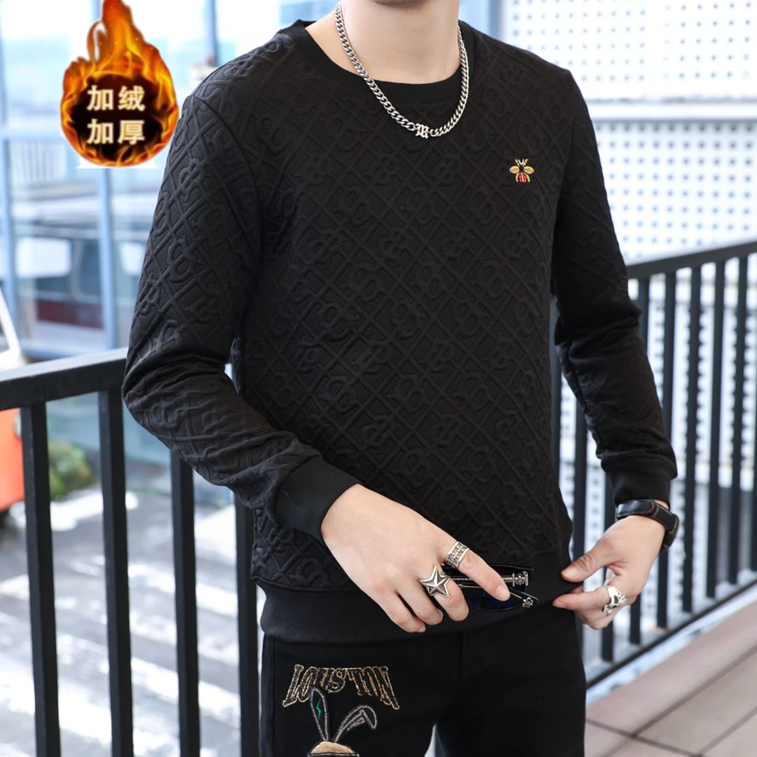 男士秋冬圆领保暖轻奢提花百搭时尚高档针织休闲宽松刺绣蜜蜂