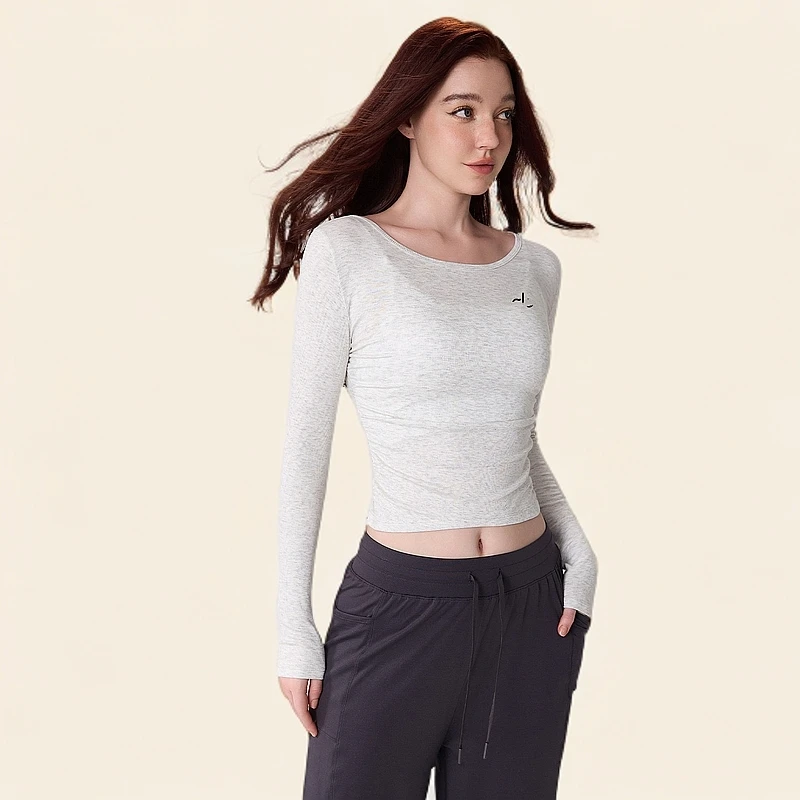 AL家瑜伽服yoga秋冬裸感罗纹褶皱修身圆领运动长袖T恤女运动上衣