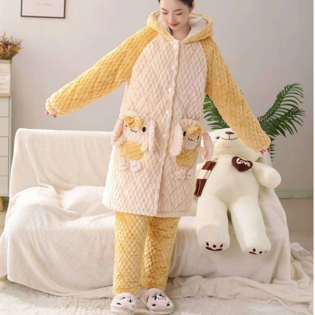 小众甜美冬季睡衣女珊瑚绒面三层夹棉加厚可外穿玉桂狗家居服套装