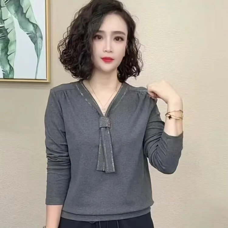 2025秋季新款时尚气质减龄显瘦长袖百搭V领女士上衣