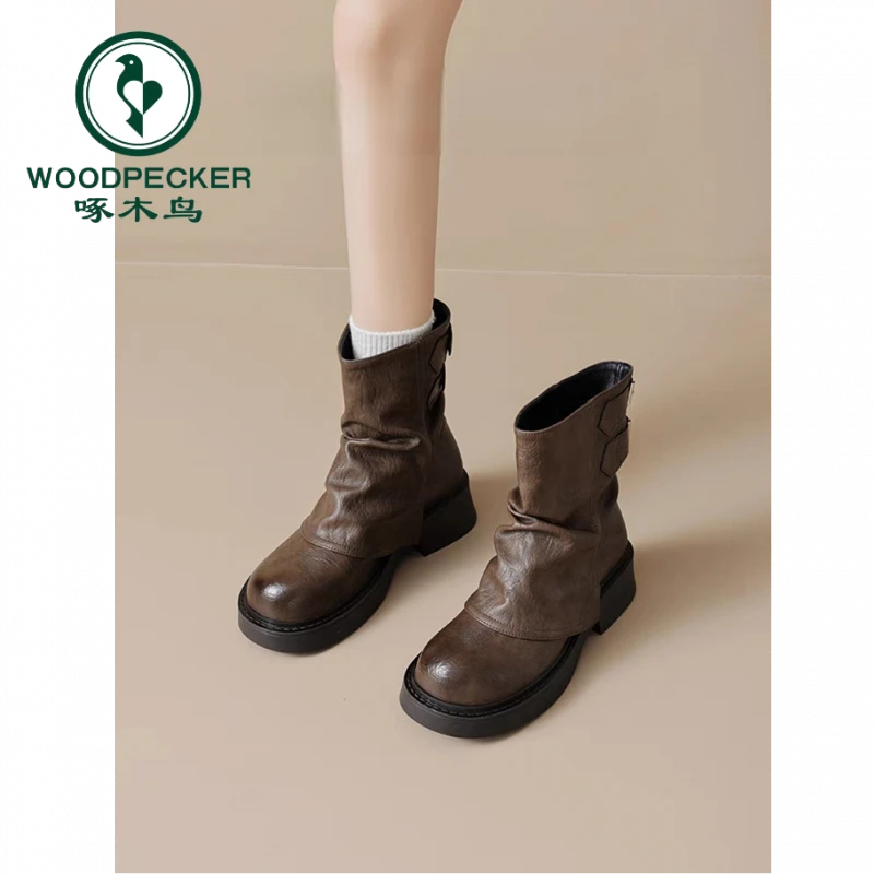啄木鸟厚底美拉德短靴女2025新款秋夏季英伦风裤管堆堆单靴马丁靴