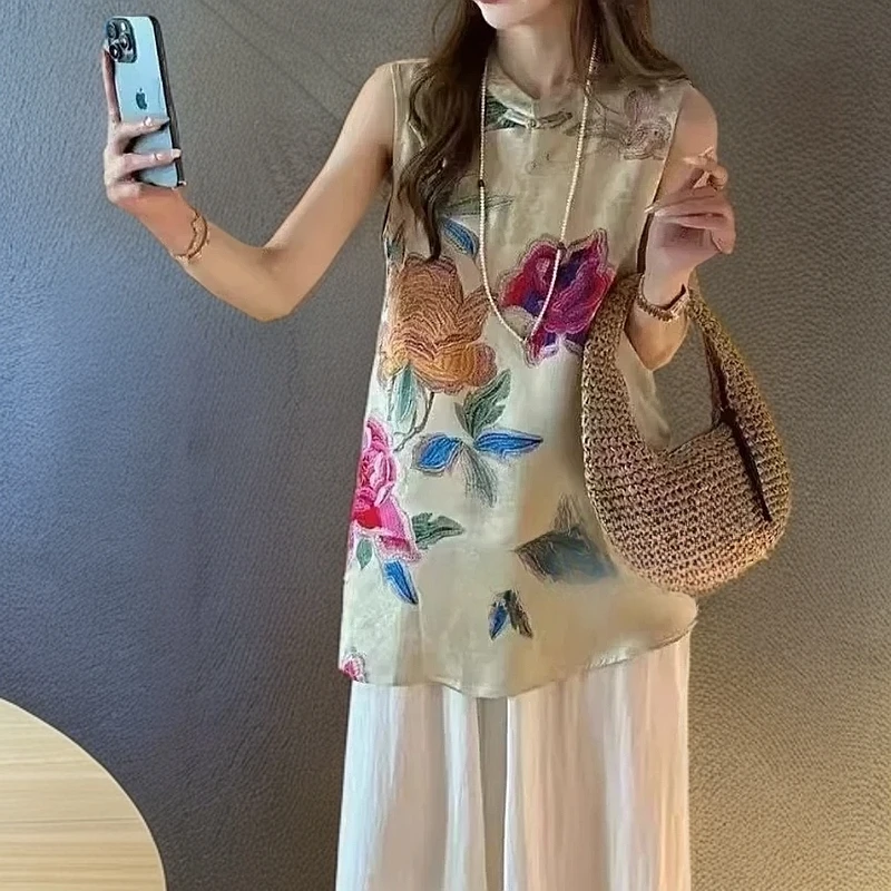 中国风新中式无袖薄款碎花上衣中长款日常提花时尚夏季优雅马甲衫