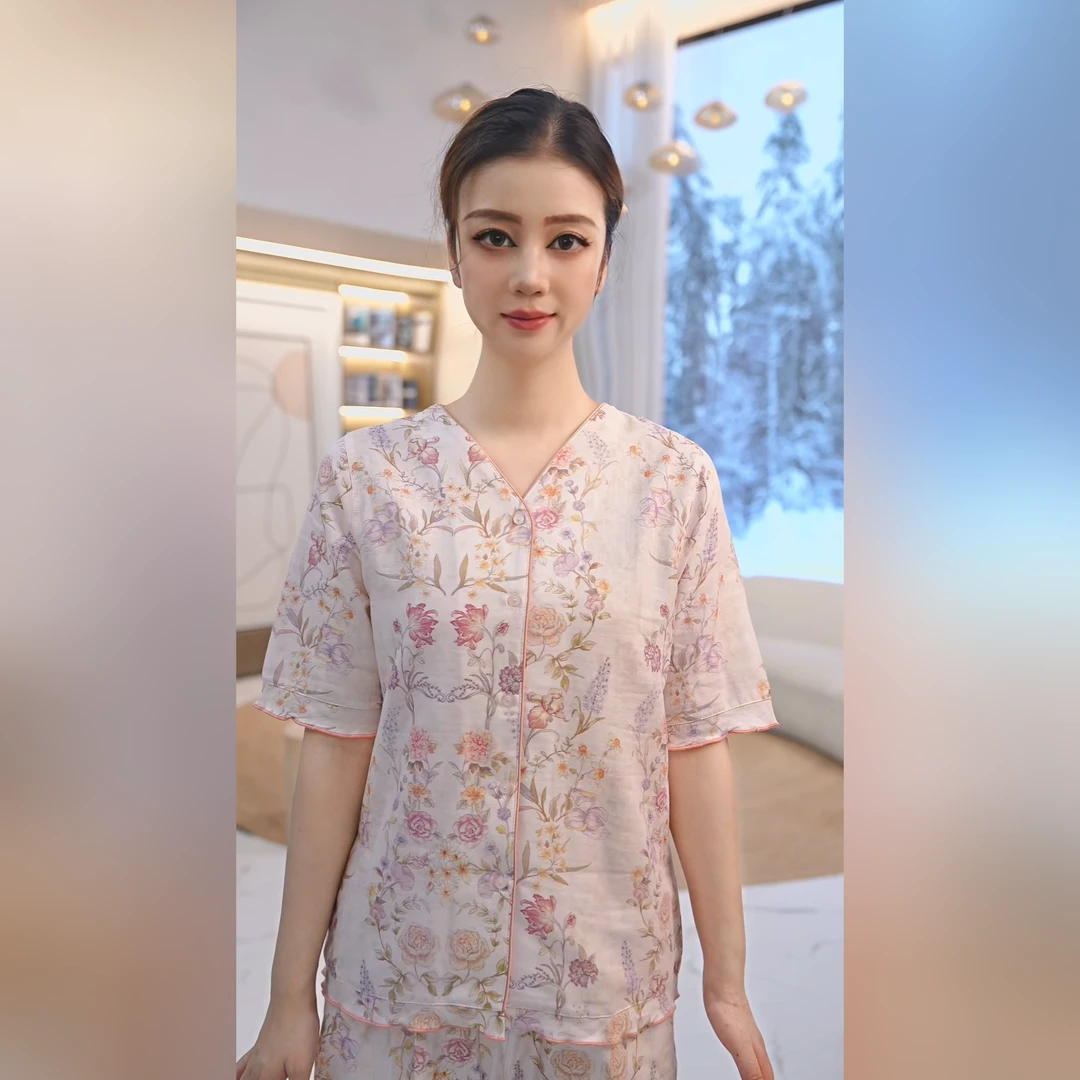 秋鹿RC梭织印花V领五分袖九分裤女套睡衣春秋女季时尚QHAP2104D