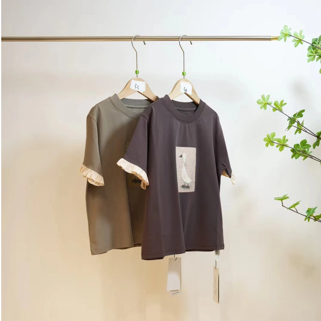 2-560-一款两色卡通小鹅印花夏季女童花边袖圆领T恤O(9276)