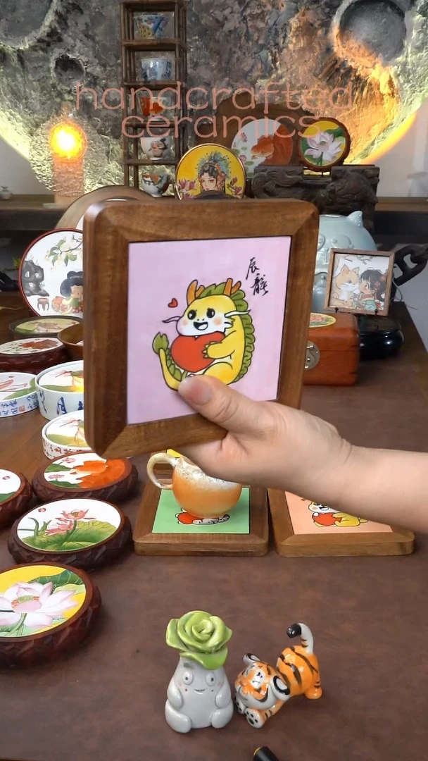 十二生肖陶瓷釉上彩瓷片+相思木隔热垫