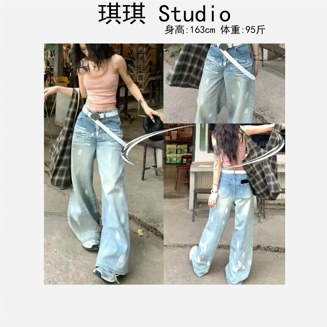 春季新款重工设计感涂鸦点缀气质时尚宽松显瘦减龄牛仔裤9231-U