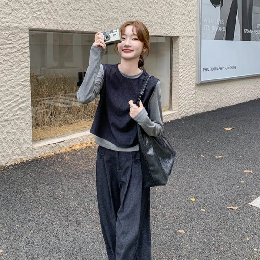 灰色马甲阔腿裤套装女2025新款气质穿搭显瘦松弛感三件套