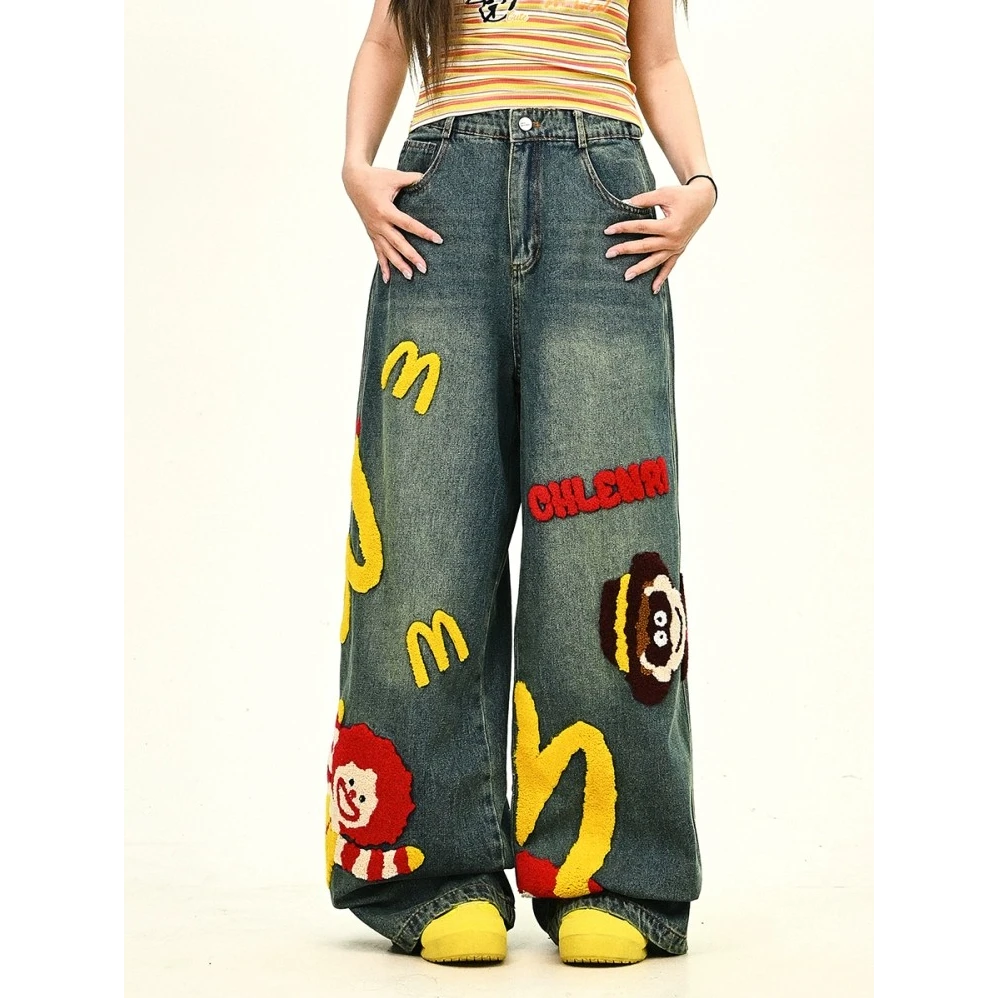 毛巾绣薯条卡通牛仔裤男女2025新款宽松bf美式复古街头潮牌阔腿裤