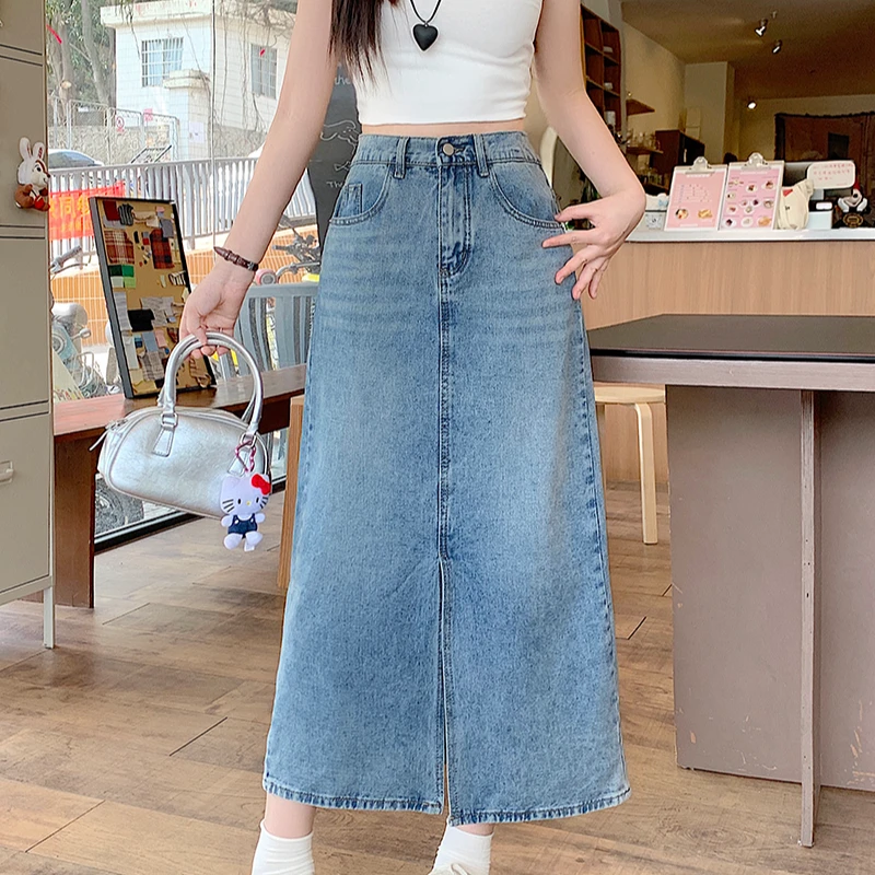 2025夏装新款胖mm大码女韩系高腰中长款开叉A字牛仔半身裙30712