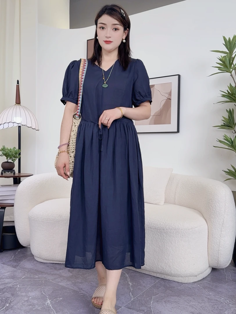 150【丽丽家】--法式轻奢气质V领显瘦透气亚麻连衣裙