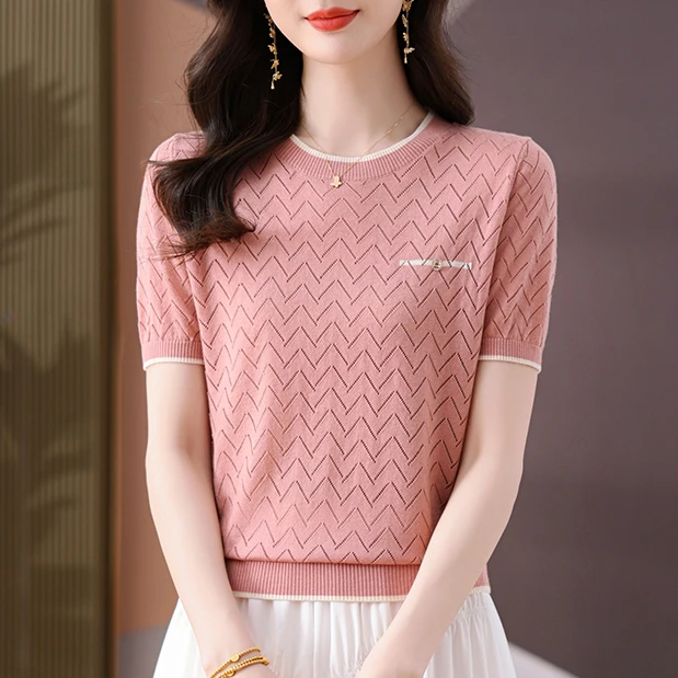 【天丝】洋气镂空圆领小衫2025新款夏薄款爆款短袖女宽松显瘦妈妈装