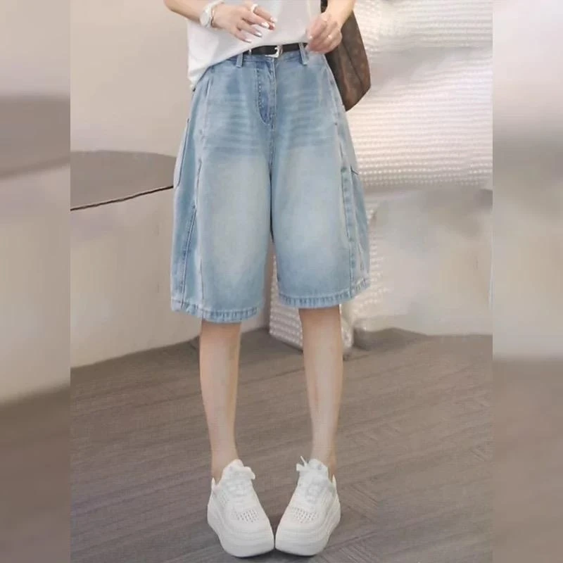 【送腰带】潮牌新款港风潮流宽松高腰显瘦时尚五分牛仔短裤休闲潮