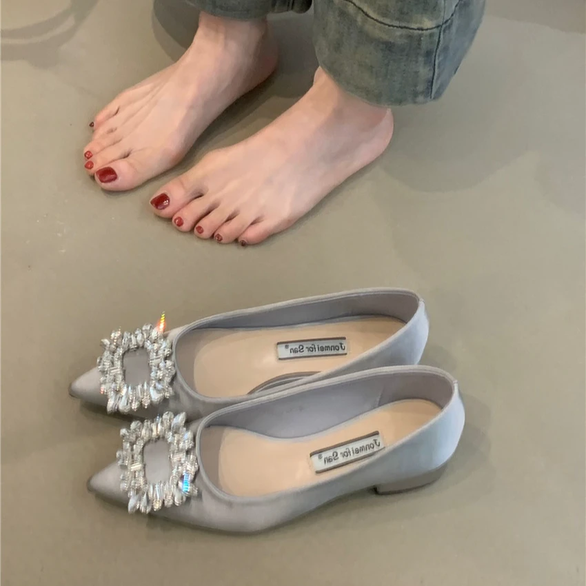 JM-159-7粗跟尖头水钻蝴蝶结黑色气质浅口女鞋高级感气质名媛单鞋