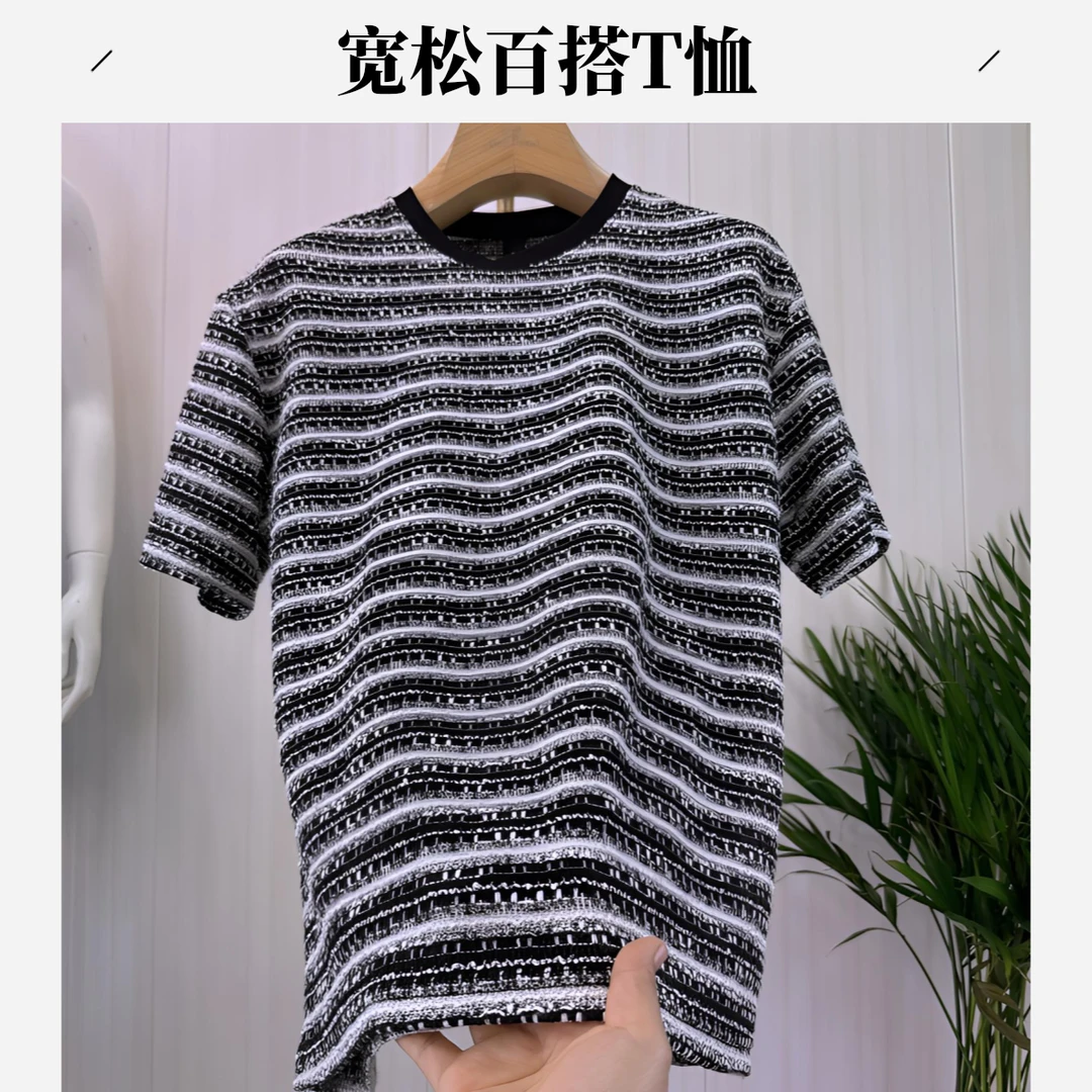 高级百搭设计条纹T恤男女同款宽松夏季男衣服夏季潮牌短袖t恤男