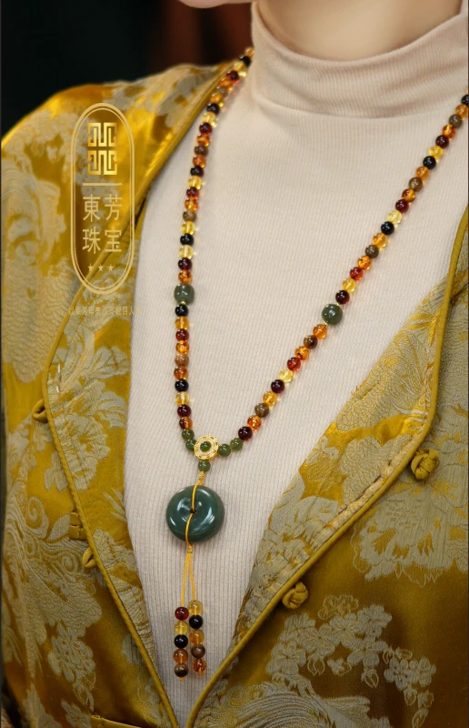 東芳珠宝-6mm缅甸天然琥珀多宝和田玉设计款108珠长款民族风百搭