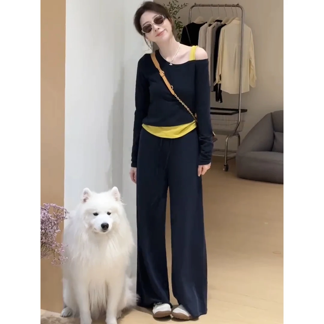 早秋穿搭一整套2025新款设计感假两件撞色露肩T恤+阔腿长裤两件套