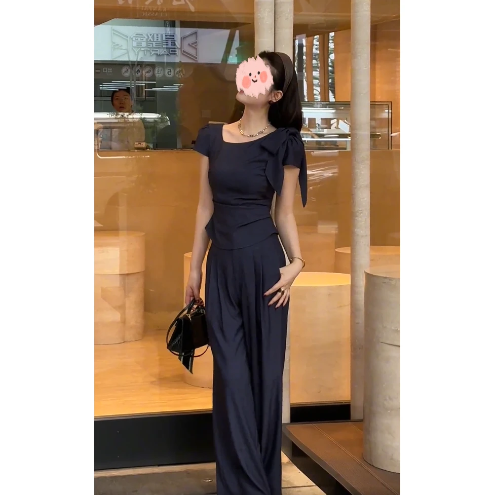 2025韩系夏季气质女神设计感甜美风显瘦宽松V领系带小衫休闲裤