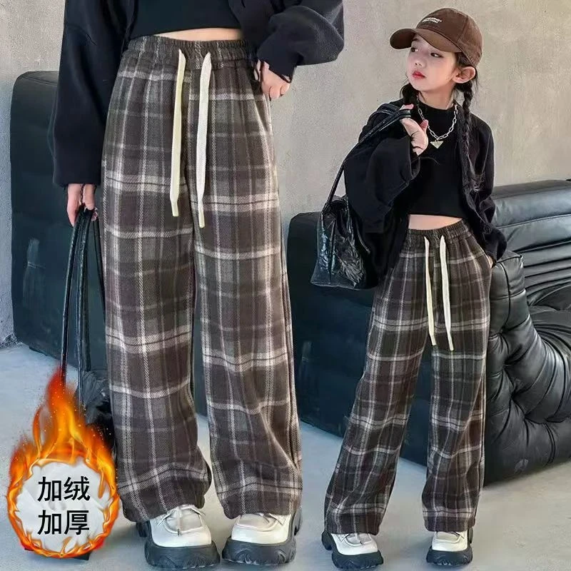 女童冬季加绒裤子格子裤洋气儿童阔腿裤时尚2025加厚格子休闲裤