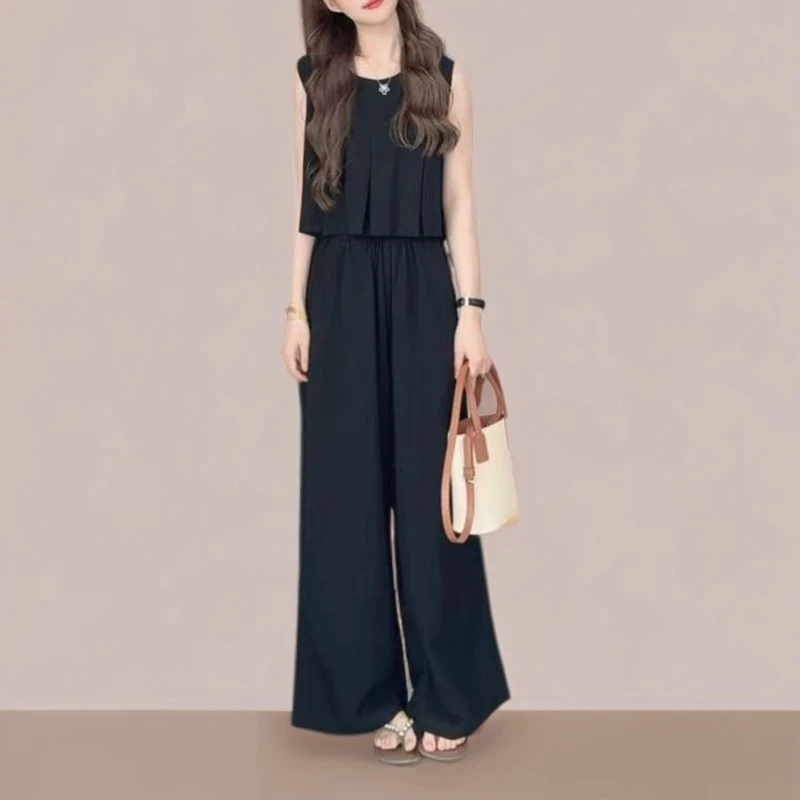 通勤慵懒风时尚套装女2025夏季宽松显瘦无袖上衣阔腿裤气质两件套