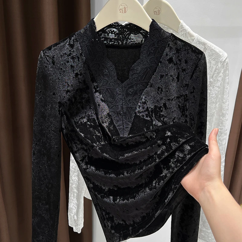 黑色钻石毛软糯亲肤长袖内搭镂空蕾丝边深V领气质上衣女秋冬爆款