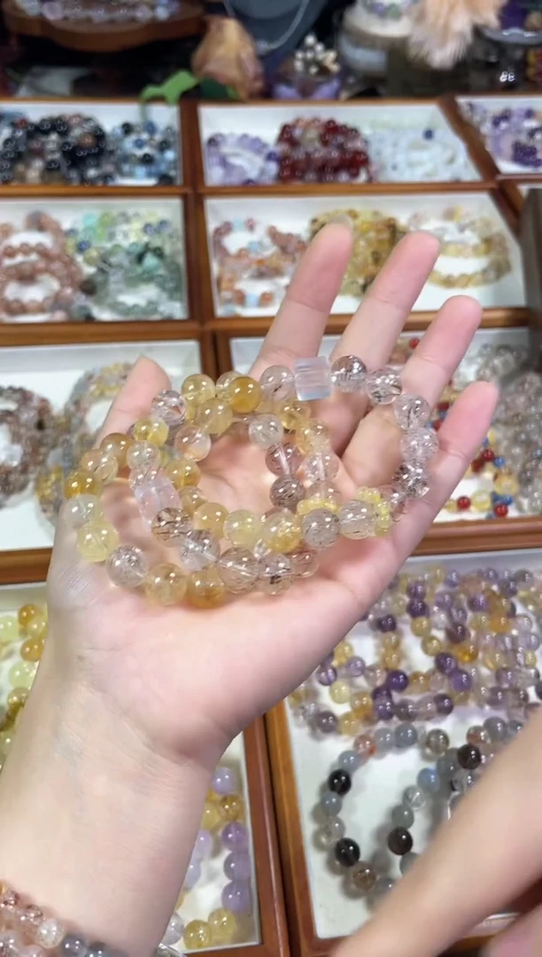 未镶嵌手串水晶贵妇】天然黄塔晶黑金超七金发晶跑环手串