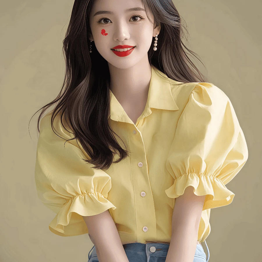 今年流行的漂亮奶黄色泡泡袖印花衬衫女夏季时尚洋气高端短袖上衣