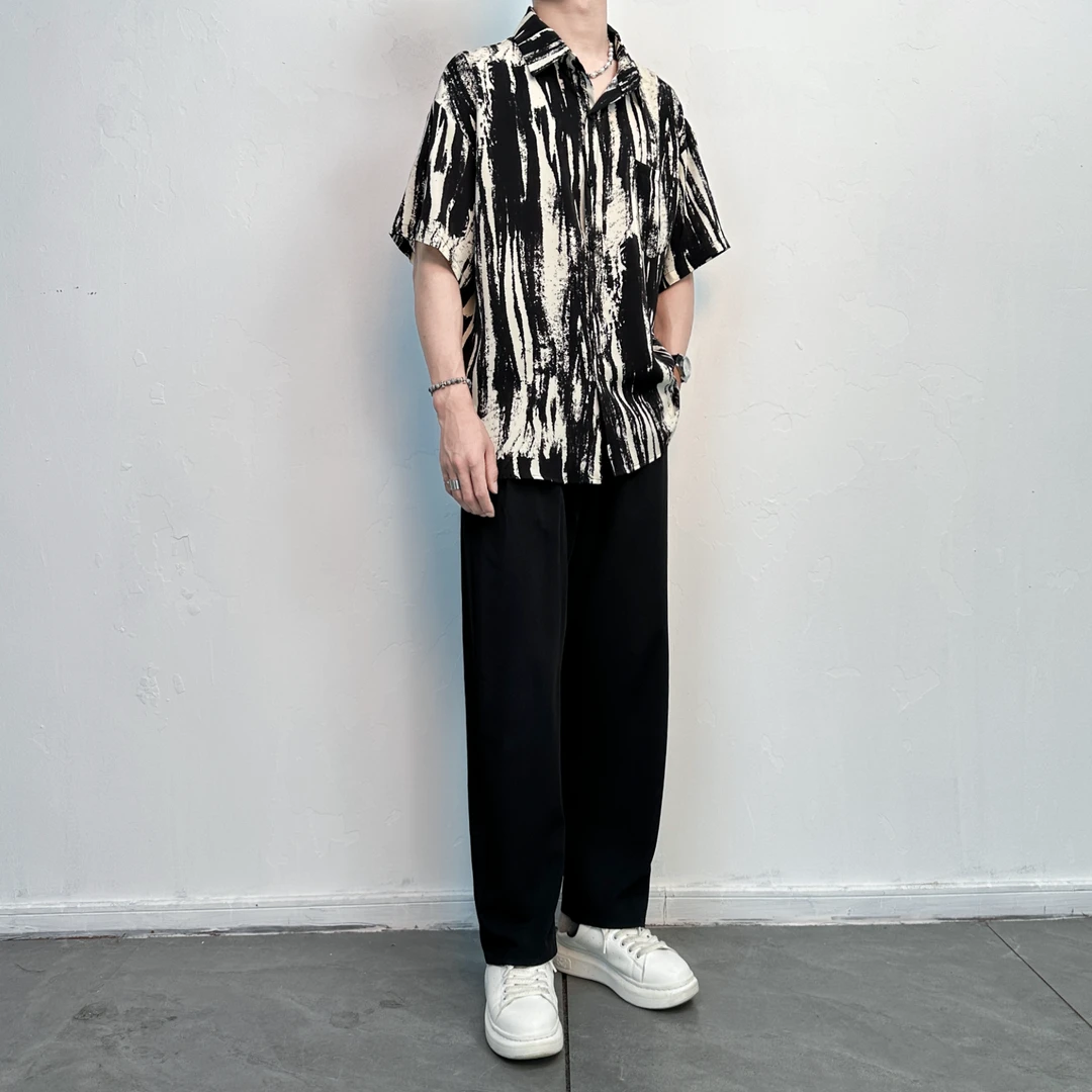 【两件套】2025夏季新款冰丝垂感斑马纹衬衫男潮流宽松短袖