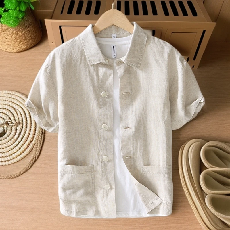 【百分百纯亚麻】夏季休闲亚麻质感短袖衬衫文艺青年个性口袋衬衣潮
