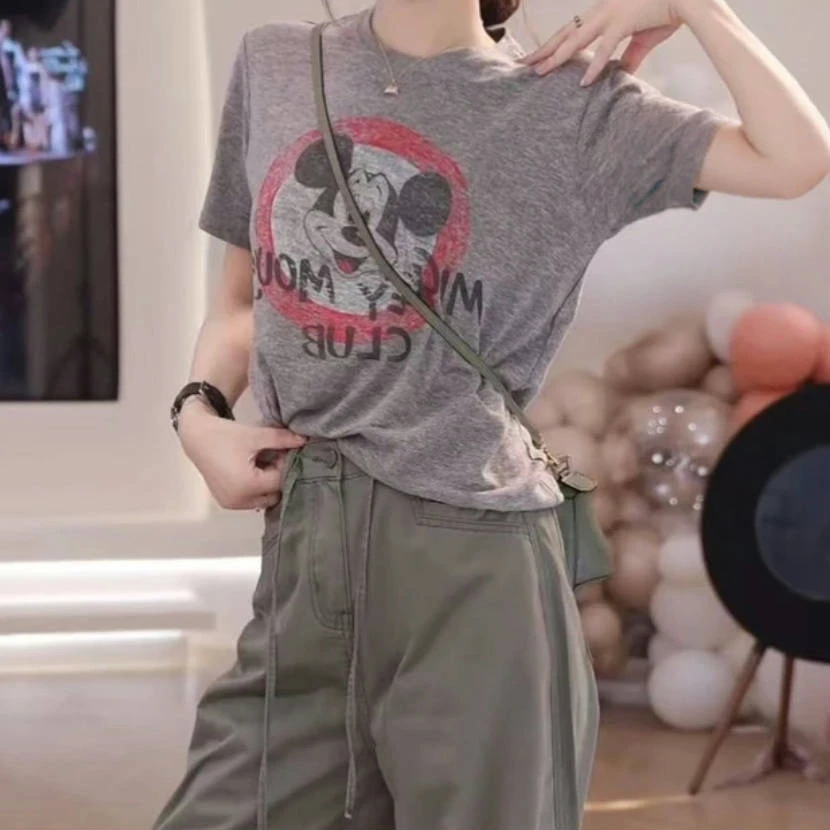 设计感圆领套头轻薄米奇印花短袖T恤女2025夏季新款时尚复古上衣