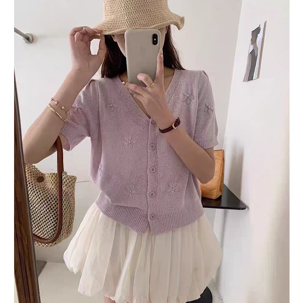 针织短袖T恤女2025夏季新款气质百搭开衫上衣