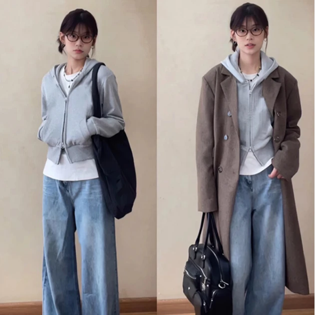 灰色短款拉链卫衣外套春秋大衣内搭开春季连帽开衫卫衣女小个子