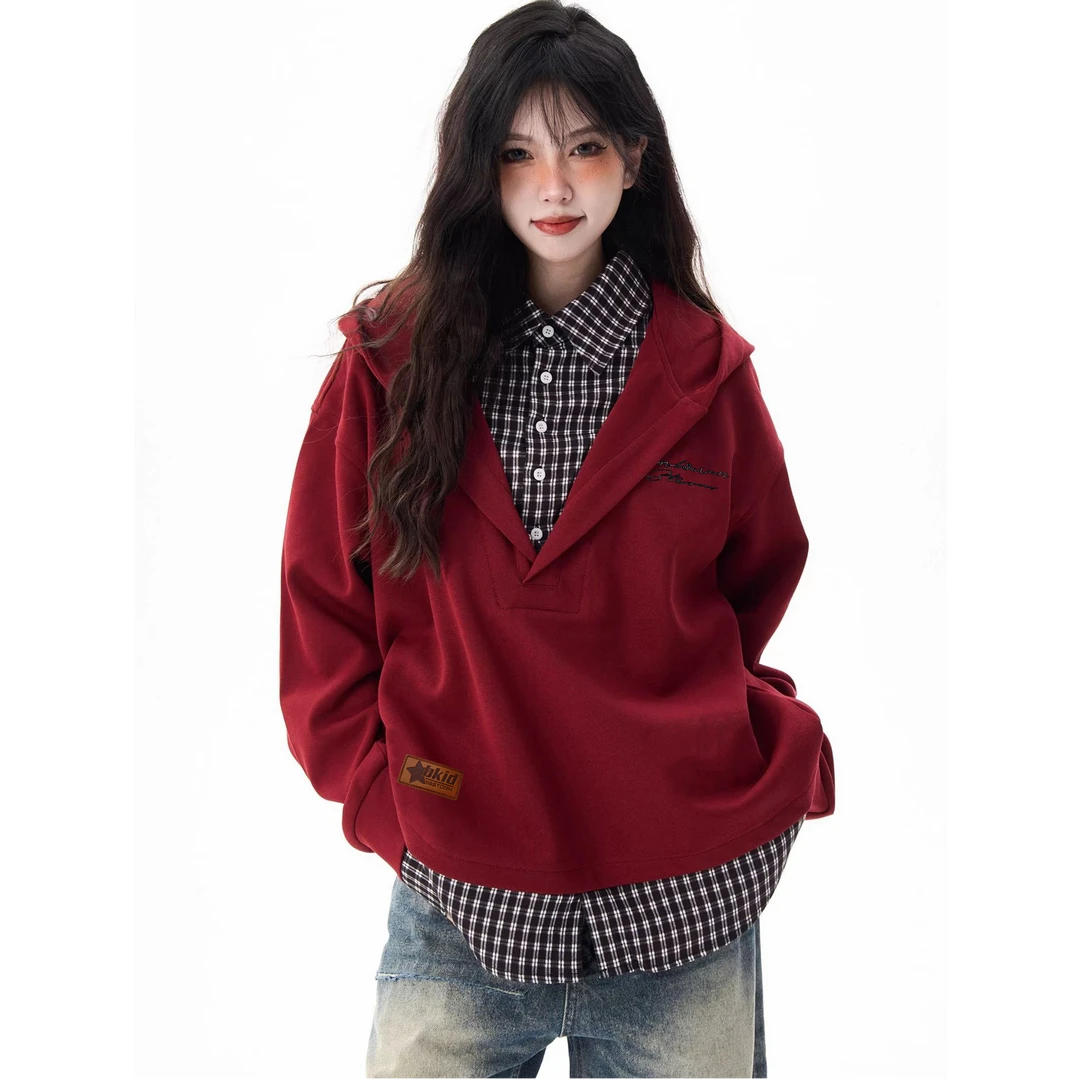 HandSeven美式复古格子假两件衬衫卫衣拼接春秋男女同款学院外套