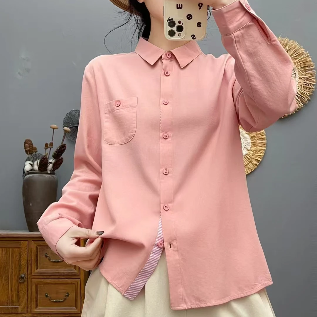 全棉磨毛衬衫女长袖出口韩单高品质文艺小尖领叠穿内搭打底衫上衣