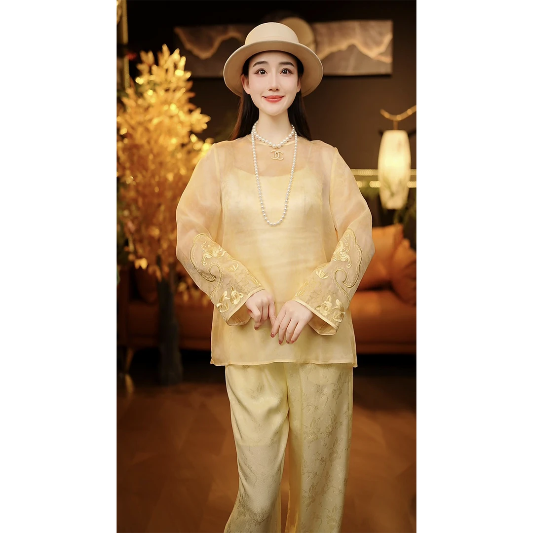 【可儿•高定】高端新中式国风重工手推绣桑蚕丝凉纱上衣BQ-98040