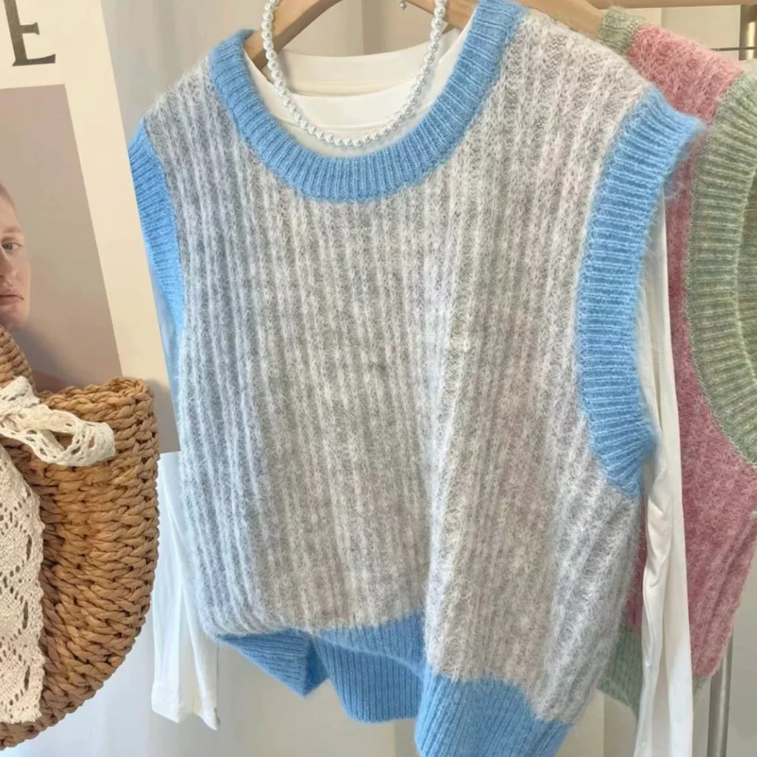 多巴胺短款圆领毛衣背心女秋冬新款宽松百搭无袖叠穿针织马甲in潮