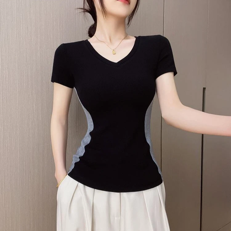 小众设计感正肩修身显瘦V领短袖T恤女夏季弹力拼接撞色洋气上衣潮