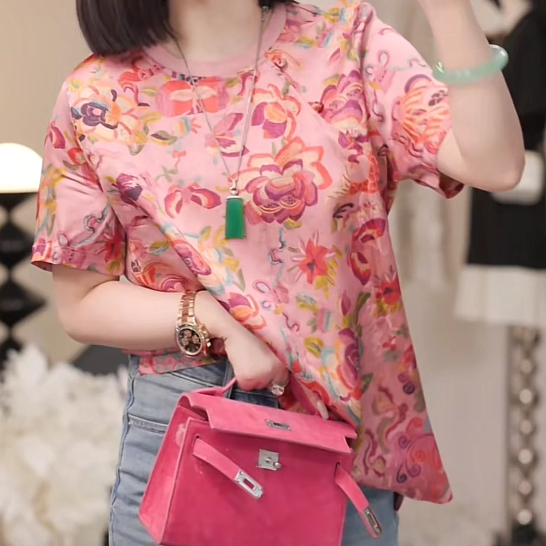 夏日出游设计感精致花园拼色短袖上衣2025夏季新款显瘦百搭上衣