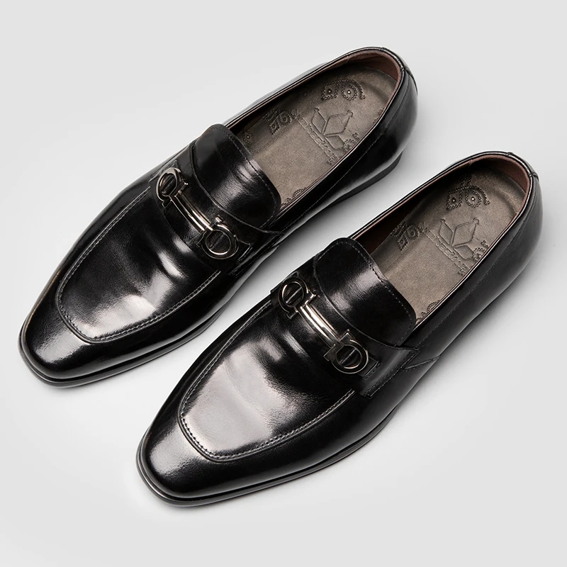 新款夏季尖头乐福鞋男士真皮英伦风一脚蹬男鞋商务休闲皮鞋潮黑色