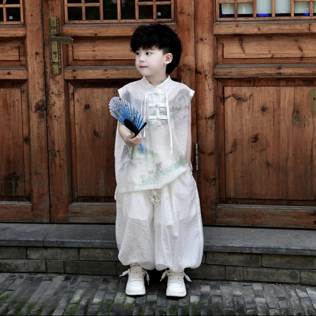新中式国风汉服男童套装儿童背心防蚊裤古风新款生日男宝礼服唐装