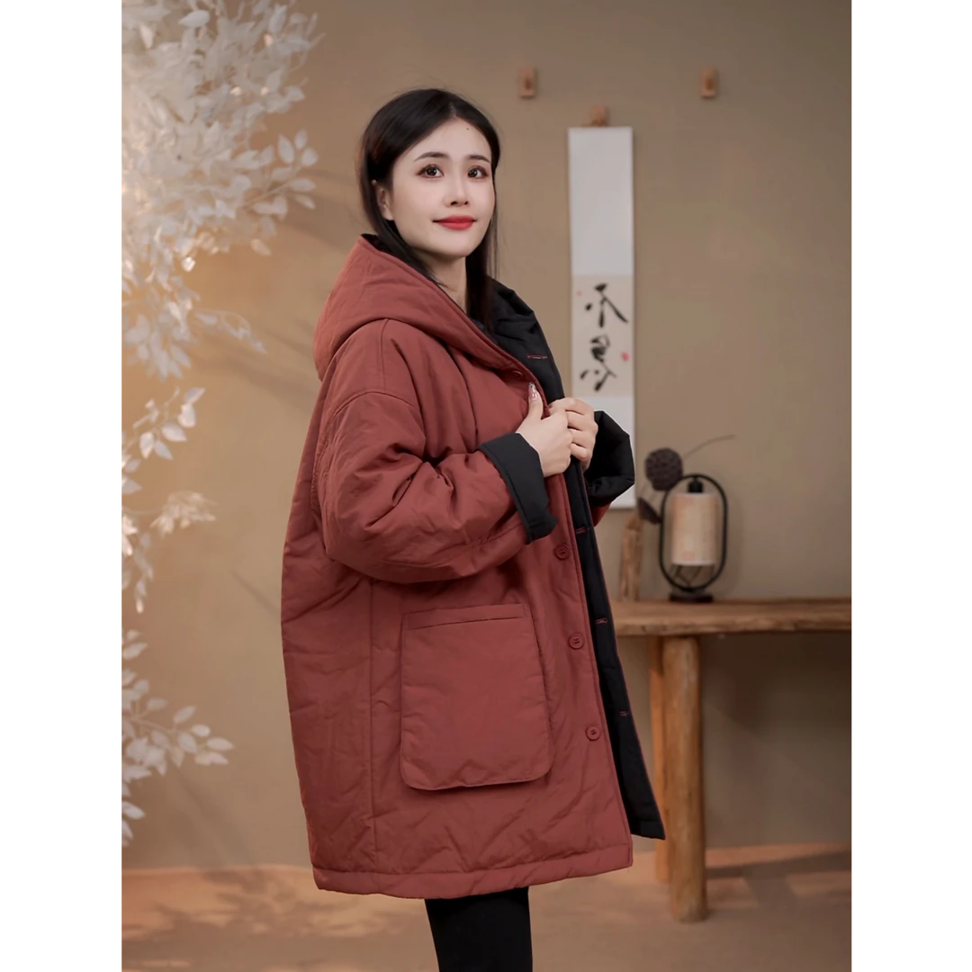 88117 休闲连帽两面穿中长款棉服24冬季韩版宽松时尚加厚简约外套