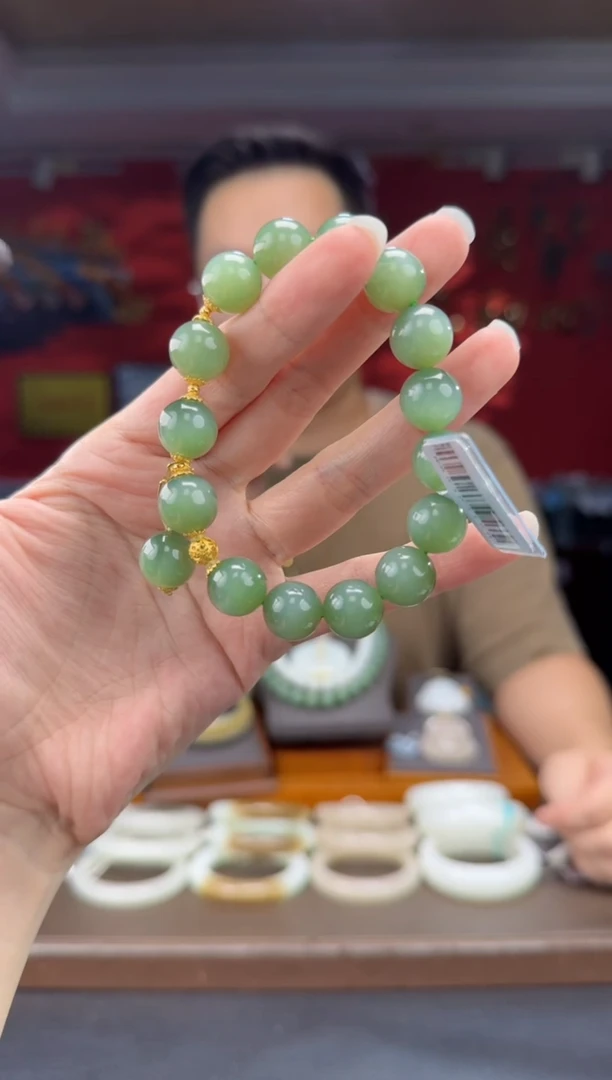 18K金镶嵌手串和田玉碧玉粉青猫DIY手串